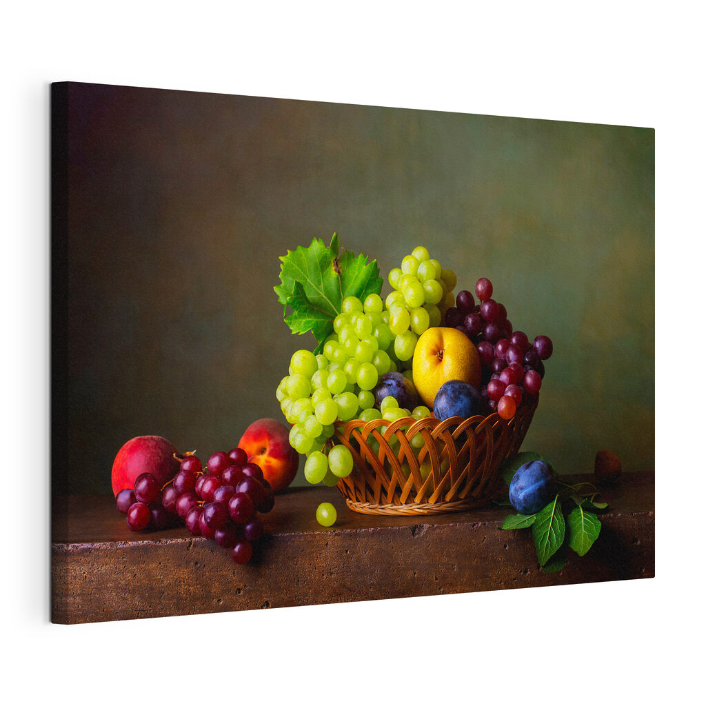 Fruitmand op tafel, gespannen canvas met doorlopende rand