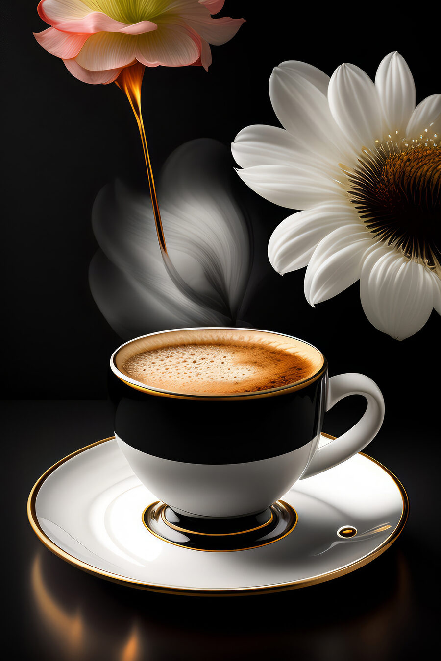 Bloemen naast zwarte koffie — volledig ontwerp