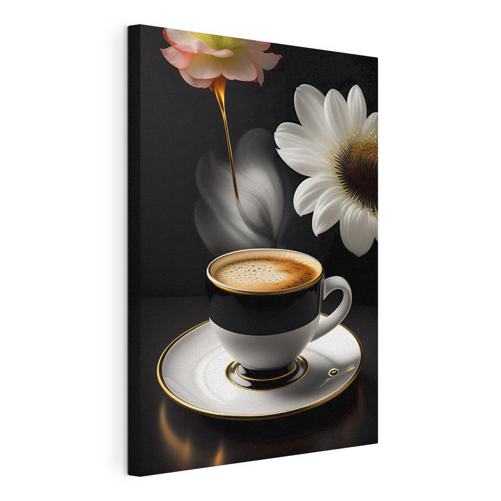 Bloemen naast zwarte koffie, gespannen canvas met doorlopende rand