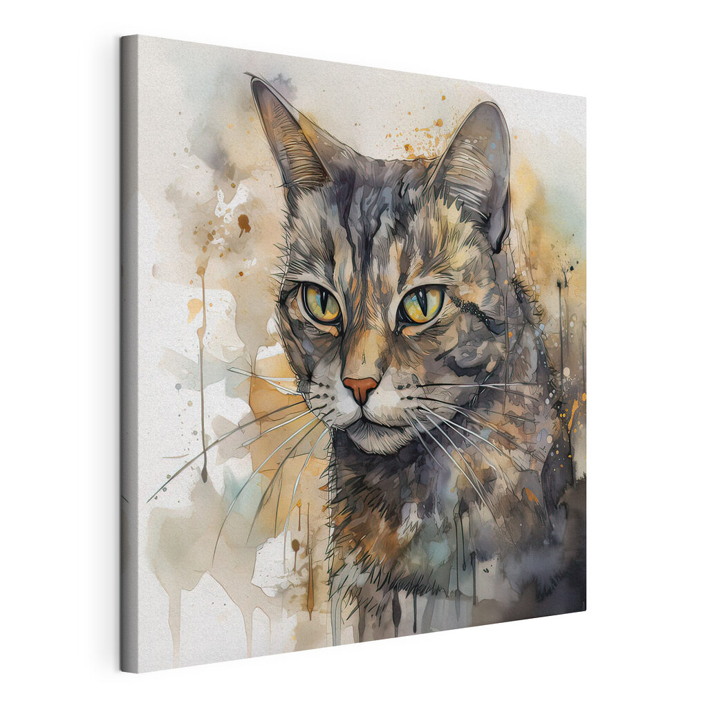 Een kat in inktspatten, gespannen canvas met doorlopende rand