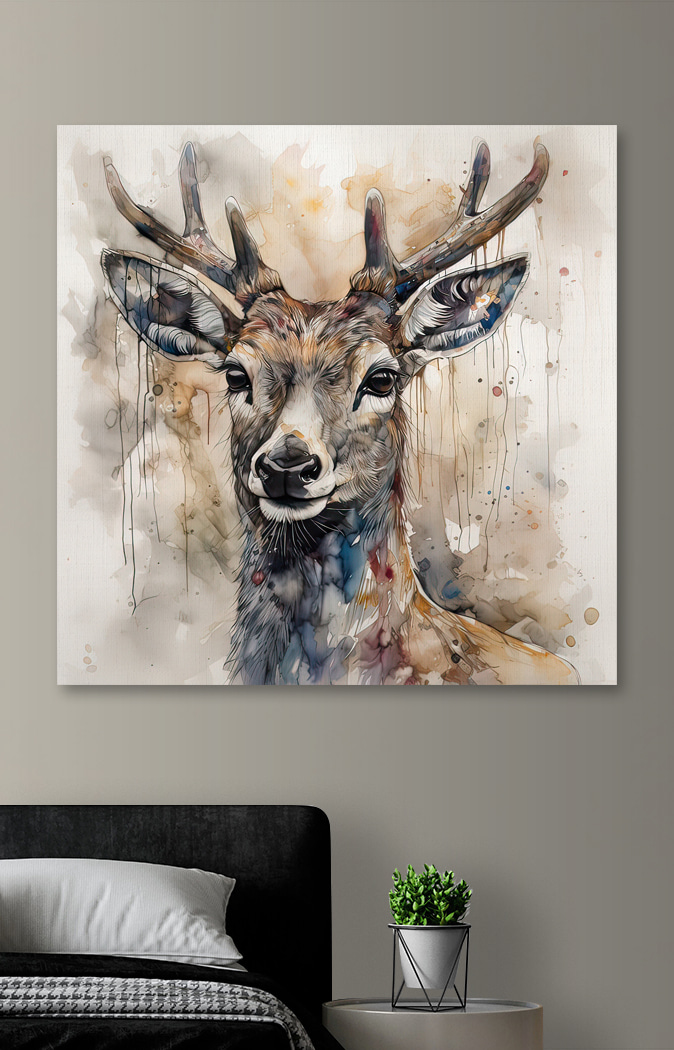 Een aquarel van een hert in een interieur