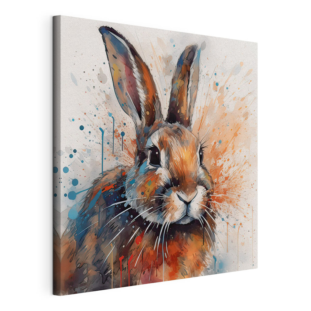 Een konijn vol inktspatten, gespannen canvas met doorlopende rand