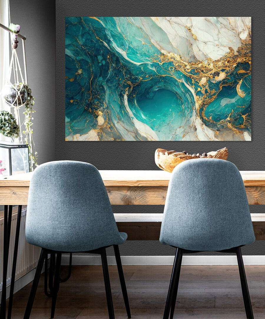Aquamarijne stromingen wervelen in de afgrond in een interieur