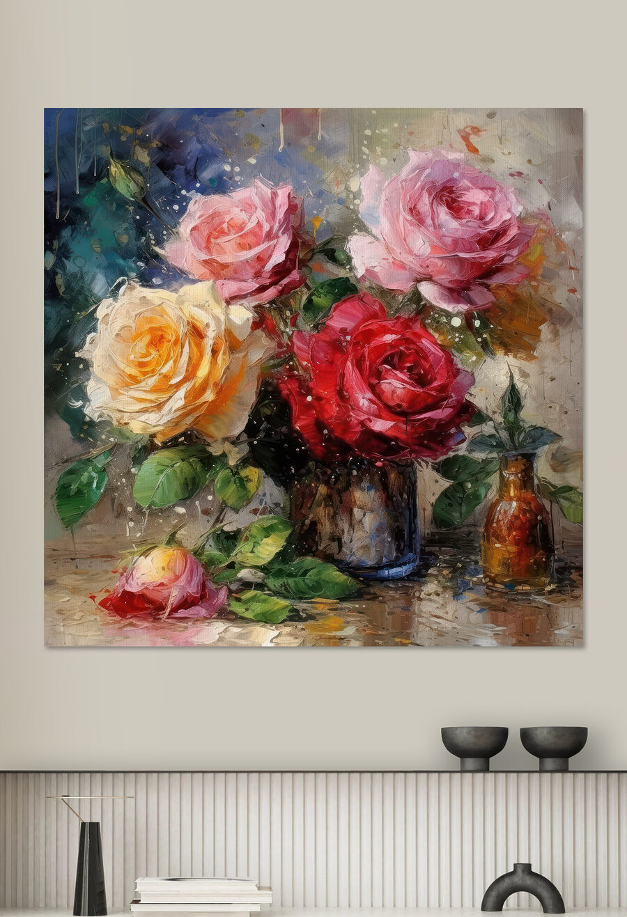 Rozen in metalen vaas — interieur 1