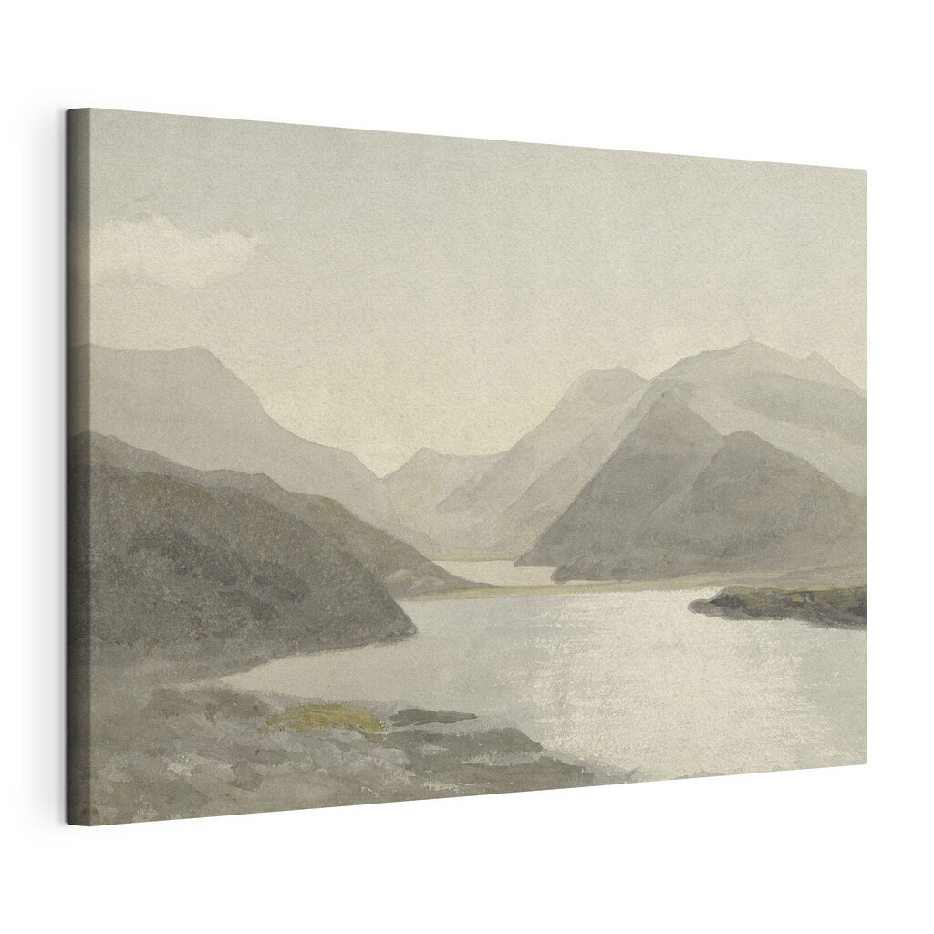 Een meer tussen nevelbergen, gespannen canvas met doorlopende rand