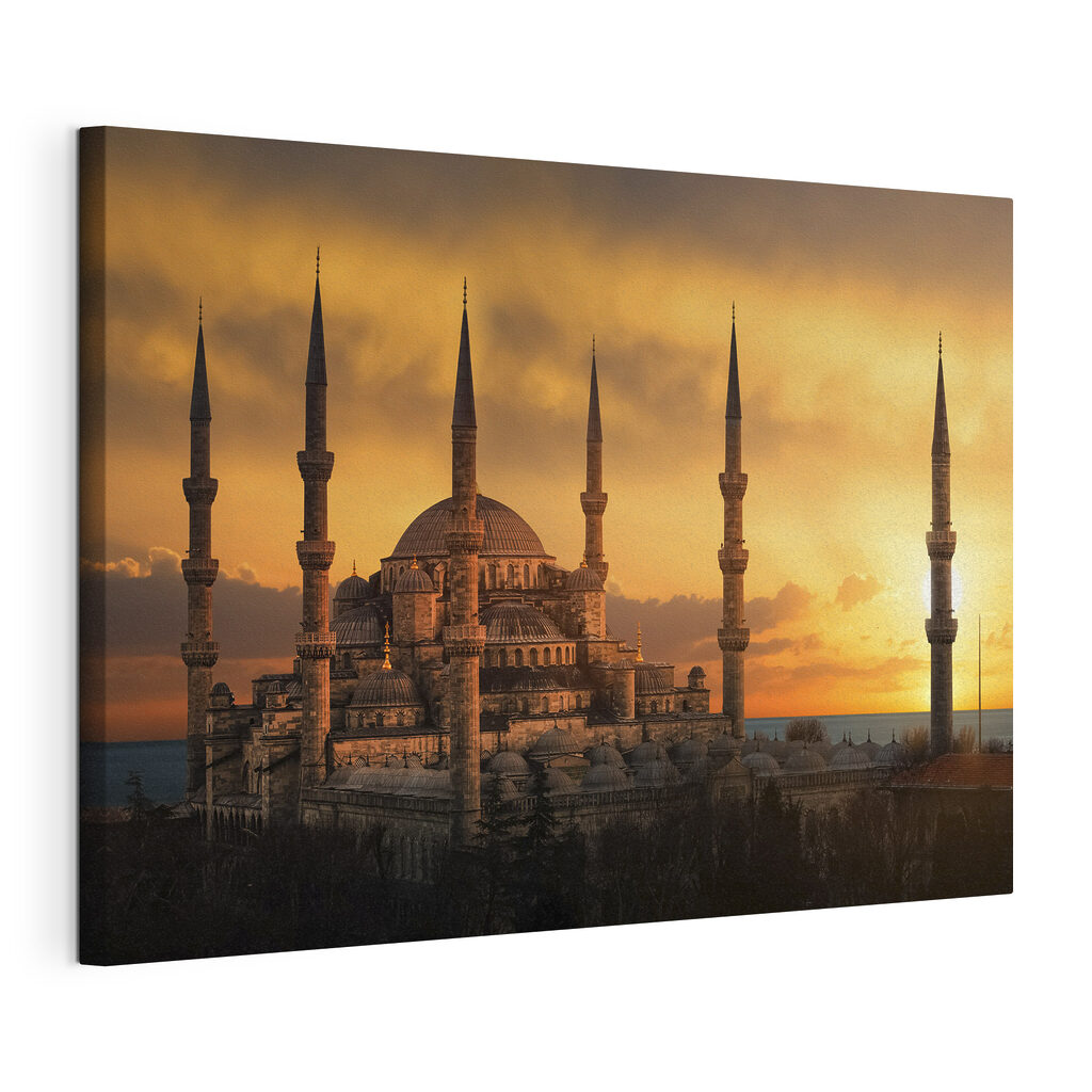 Minaretten in avondgloed, gespannen canvas met doorlopende rand