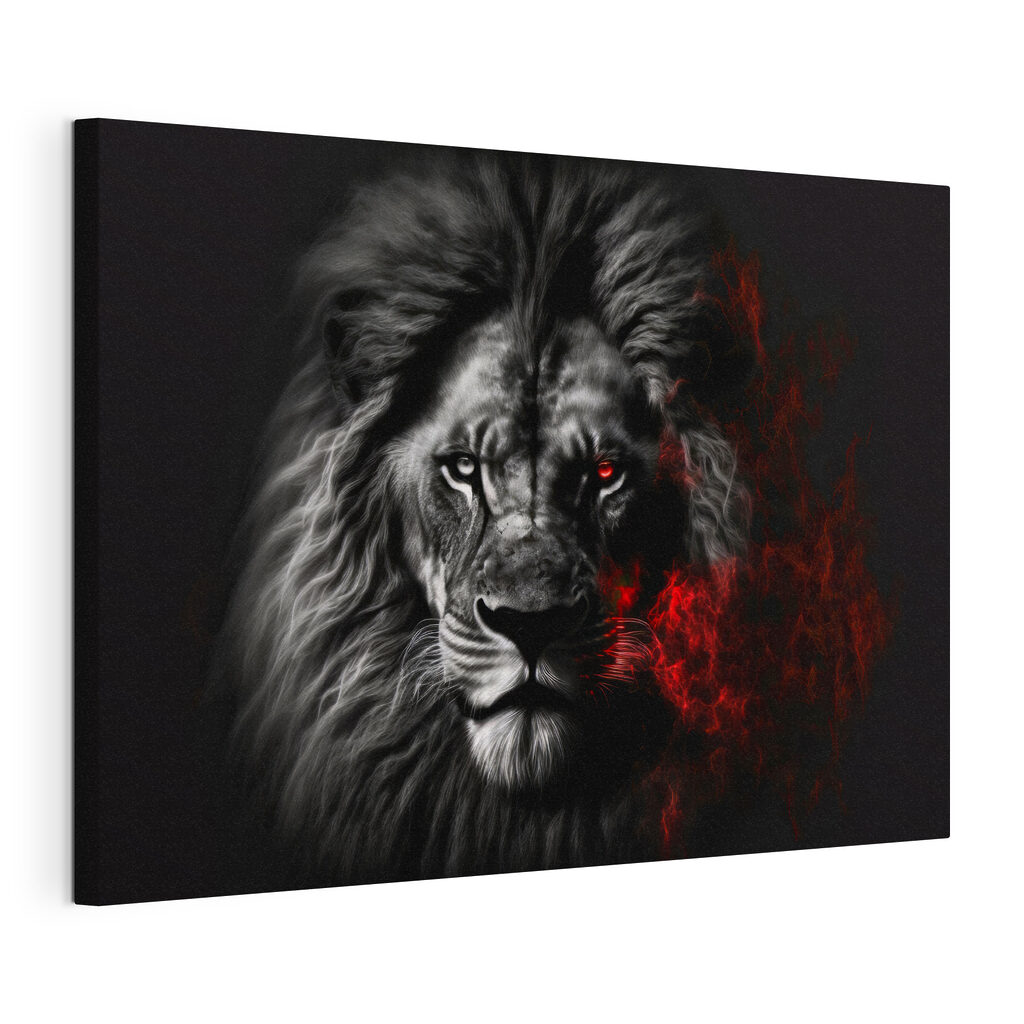 Leeuw in rode gloed, gespannen canvas met doorlopende rand