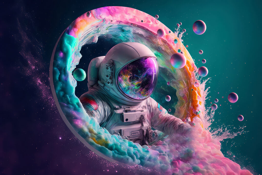Een astronaut in kleurmist — volledig ontwerp