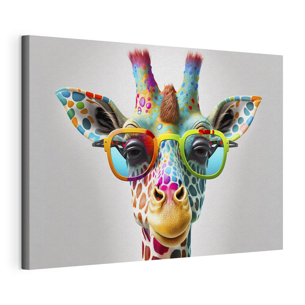 Een giraffe met zonnebril, gespannen canvas met doorlopende rand
