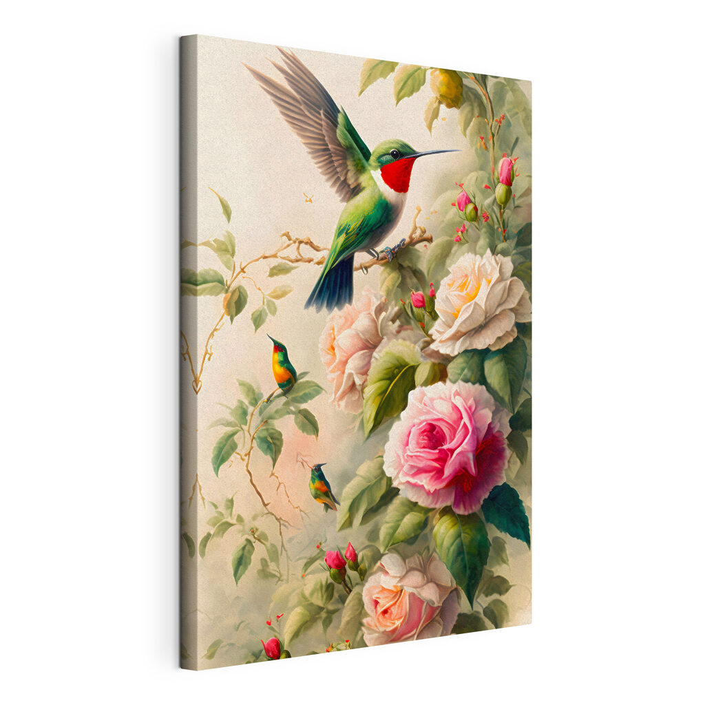 Kolibries bij de rozen, gespannen canvas met doorlopende rand
