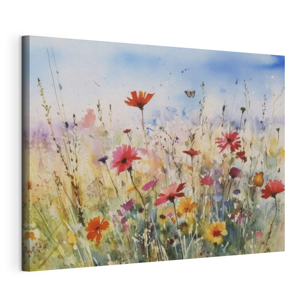 Vlinder boven de weide, gespannen canvas met doorlopende rand