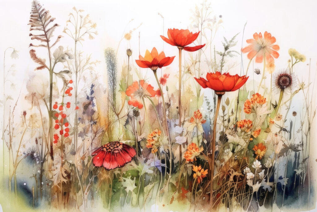 Rode bloemen boven grassen — volledig ontwerp
