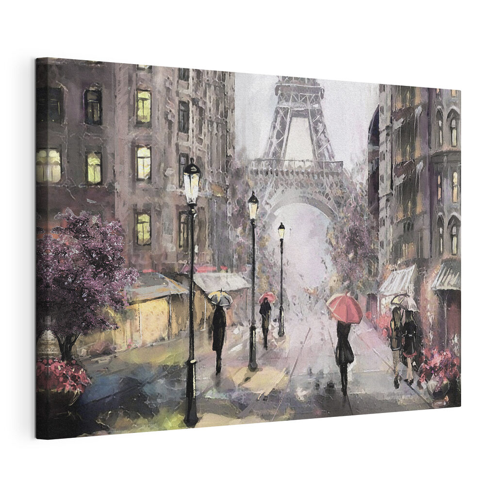 Paraplu's onder de Eiffeltoren, gespannen canvas met doorlopende rand