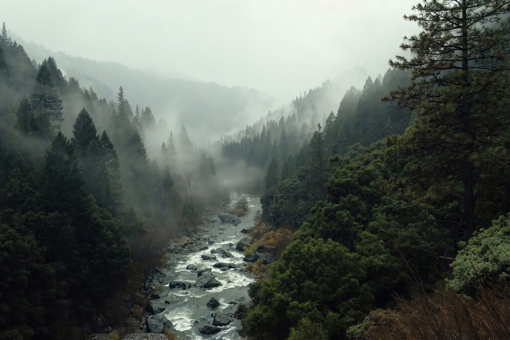Rivier tussen beboste hellingen — volledig ontwerp