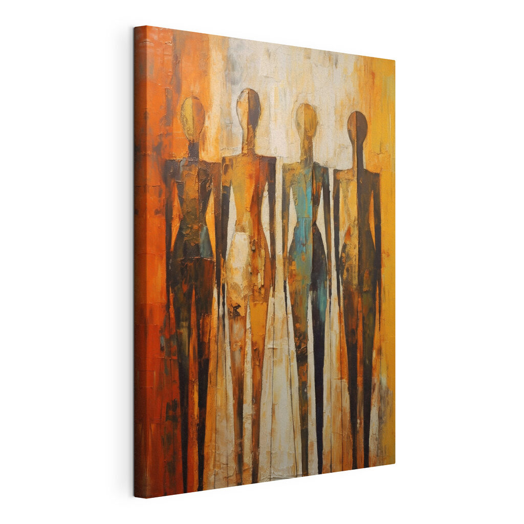 Gestalten in warm oker, gespannen canvas met doorlopende rand