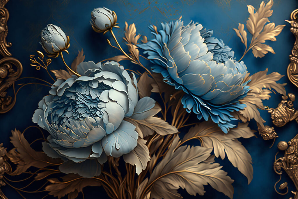 Blauwe bloemen met sierbladeren — volledig ontwerp