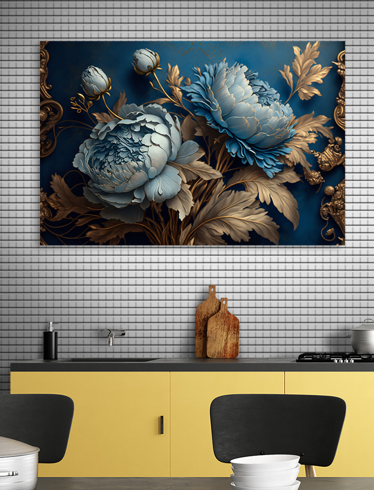 Blauwe bloemen met sierbladeren — interieur 2