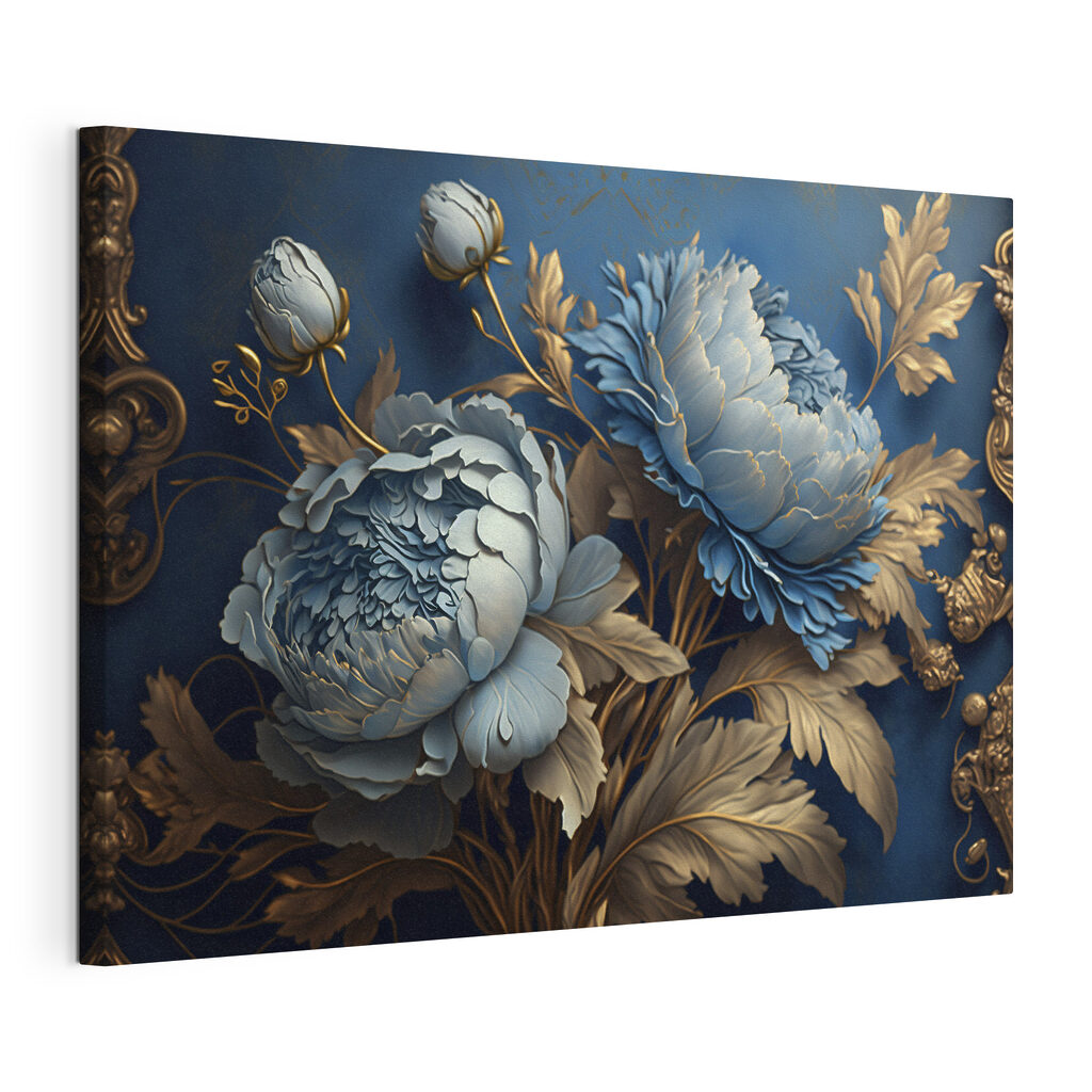 Blauwe bloemen met sierbladeren, gespannen canvas met doorlopende rand