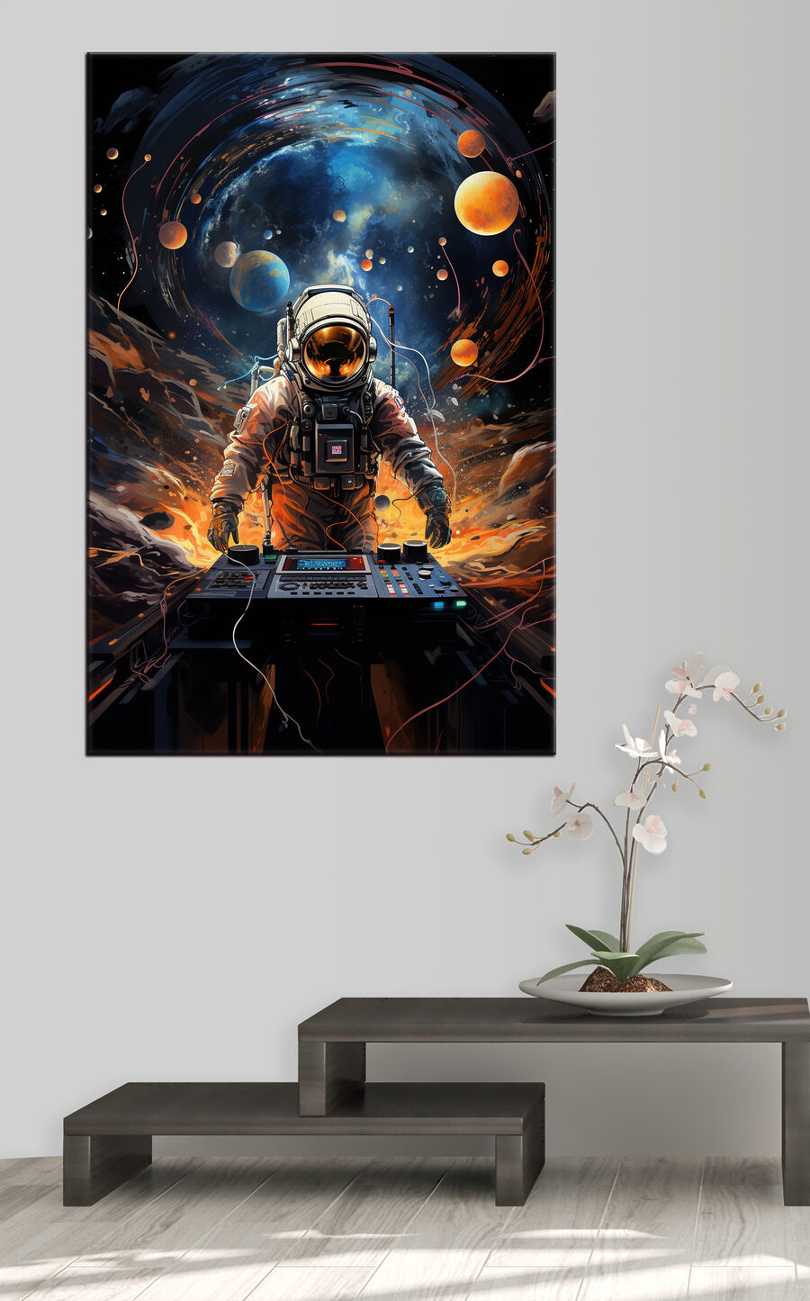 Een astronaut in de ruimte met een machine in een interieur