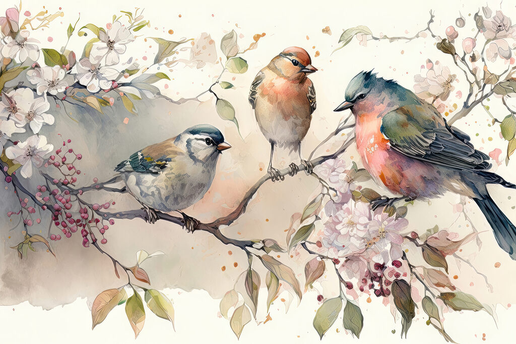 Drie vogels bij bloesemtakken — volledig ontwerp