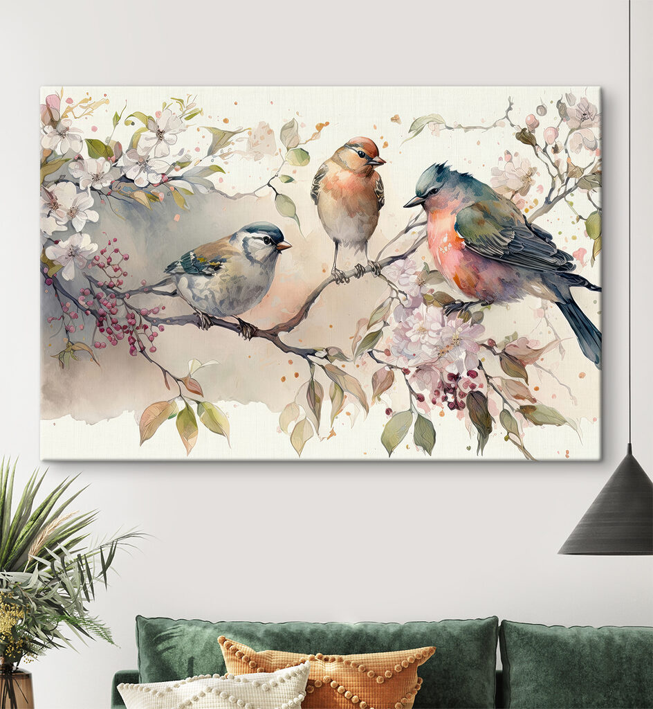 Drie vogels bij bloesemtakken — interieur 2