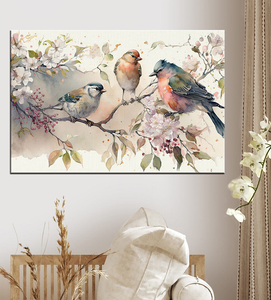 Drie vogels bij bloesemtakken — interieur 1