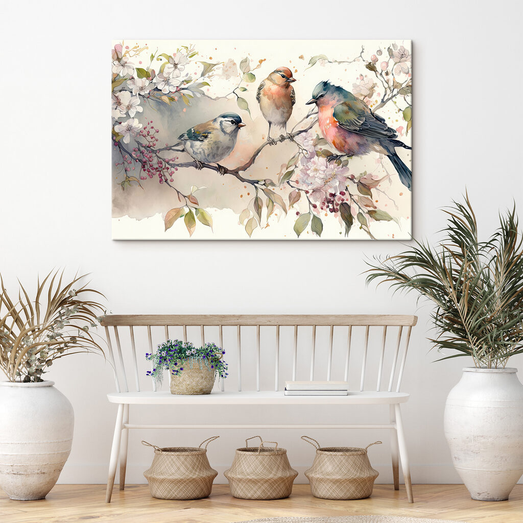 Drie vogels bij bloesemtakken — interieur 3