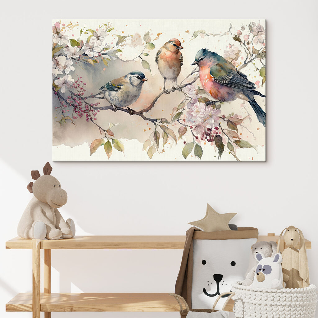 Drie vogels bij bloesemtakken — interieur 4