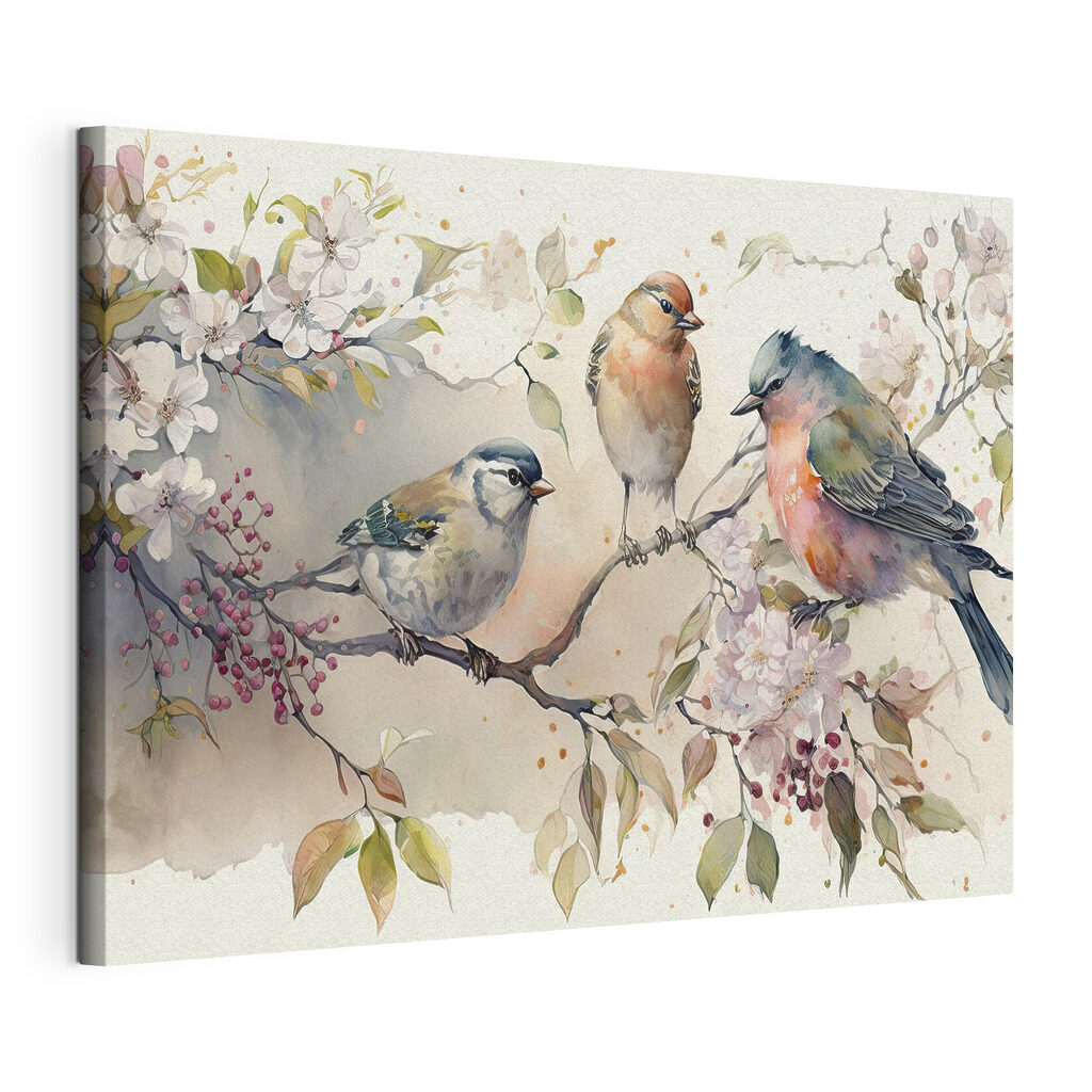 Drie vogels bij bloesemtakken, gespannen canvas met doorlopende rand