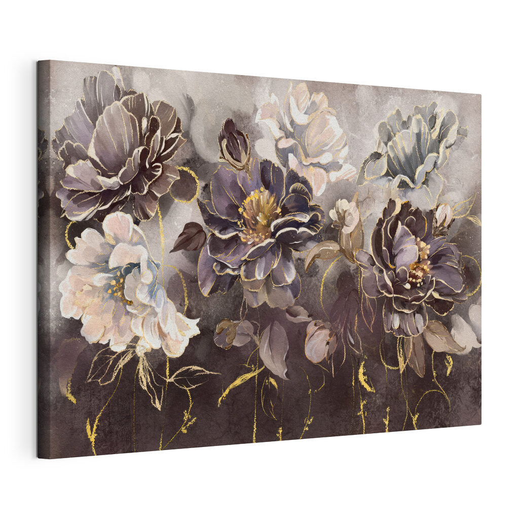 Bloemen in diepe grijstinten, gespannen canvas met doorlopende rand