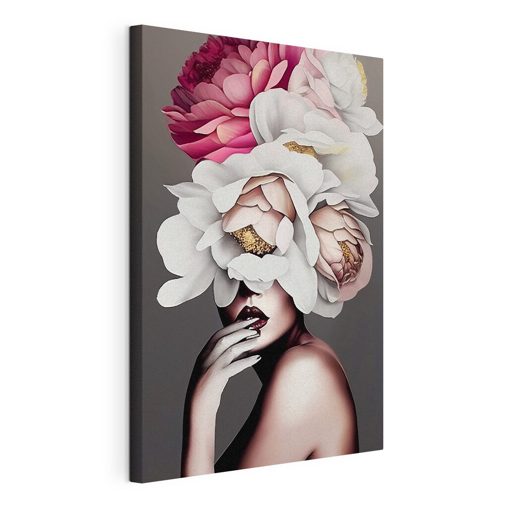 Een gezicht achter bloemen, gespannen canvas met doorlopende rand