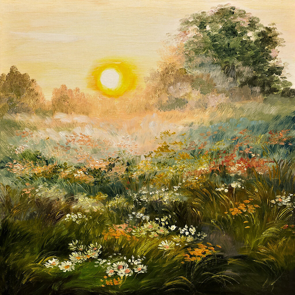 Avondlicht over veldbloemen — volledig ontwerp