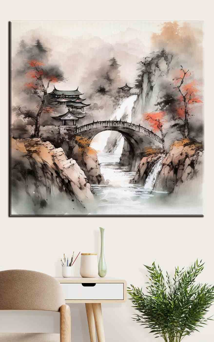 Brug tussen mistige rotsen — interieur 1