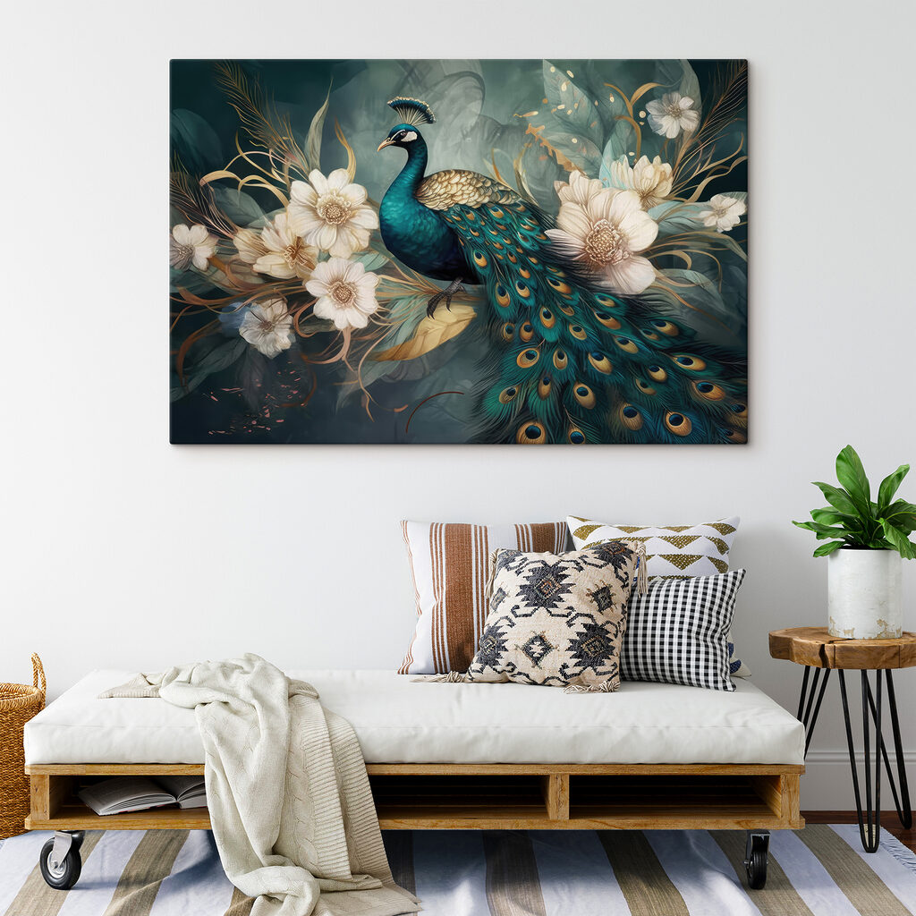 Pauw tussen witte bloesem — interieur 5