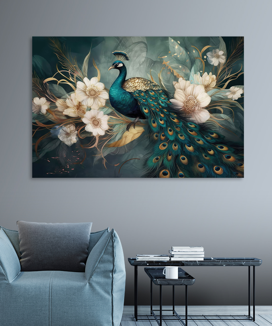Pauw tussen witte bloesem — interieur 1