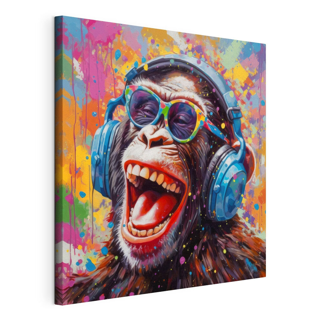 Een aap lacht mee, gespannen canvas met doorlopende rand
