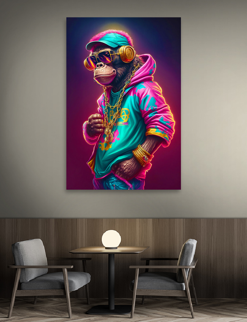 Aap in een neonhoodie — interieur 1