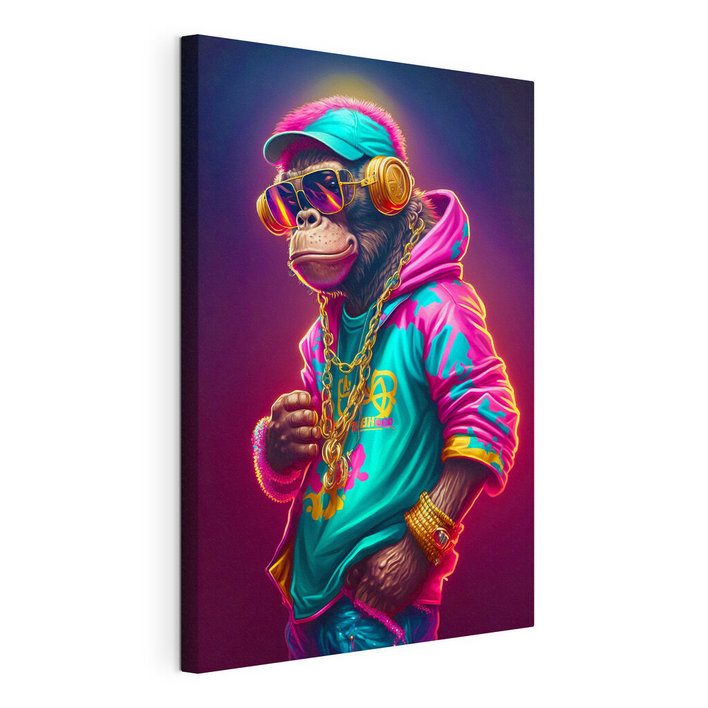Aap in een neonhoodie, gespannen canvas met doorlopende rand
