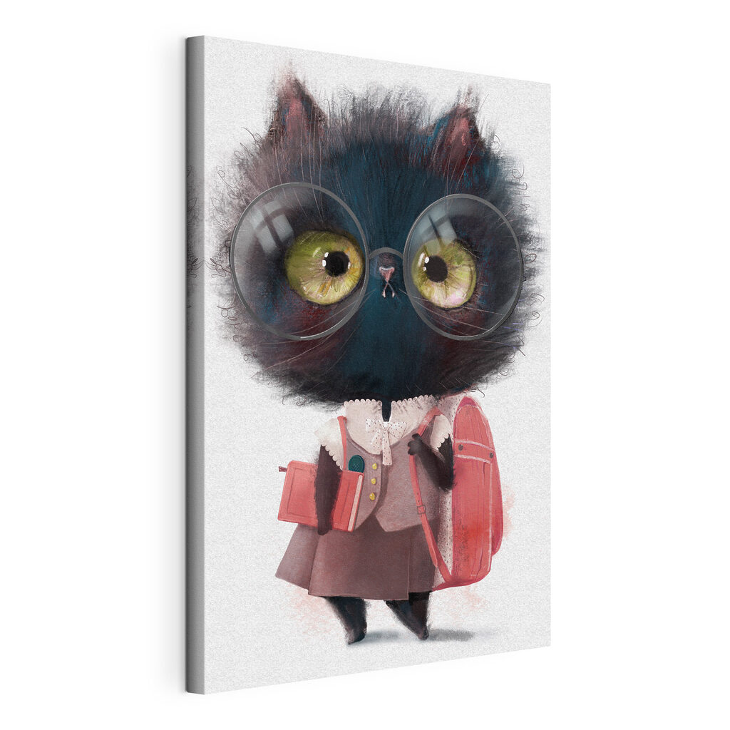 Kat klaar voor school, gespannen canvas met doorlopende rand