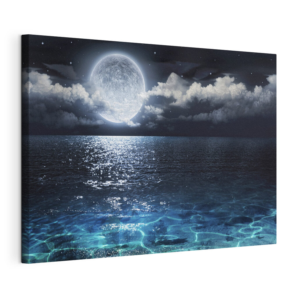 Maanlicht op fonkelend water, gespannen canvas met doorlopende rand