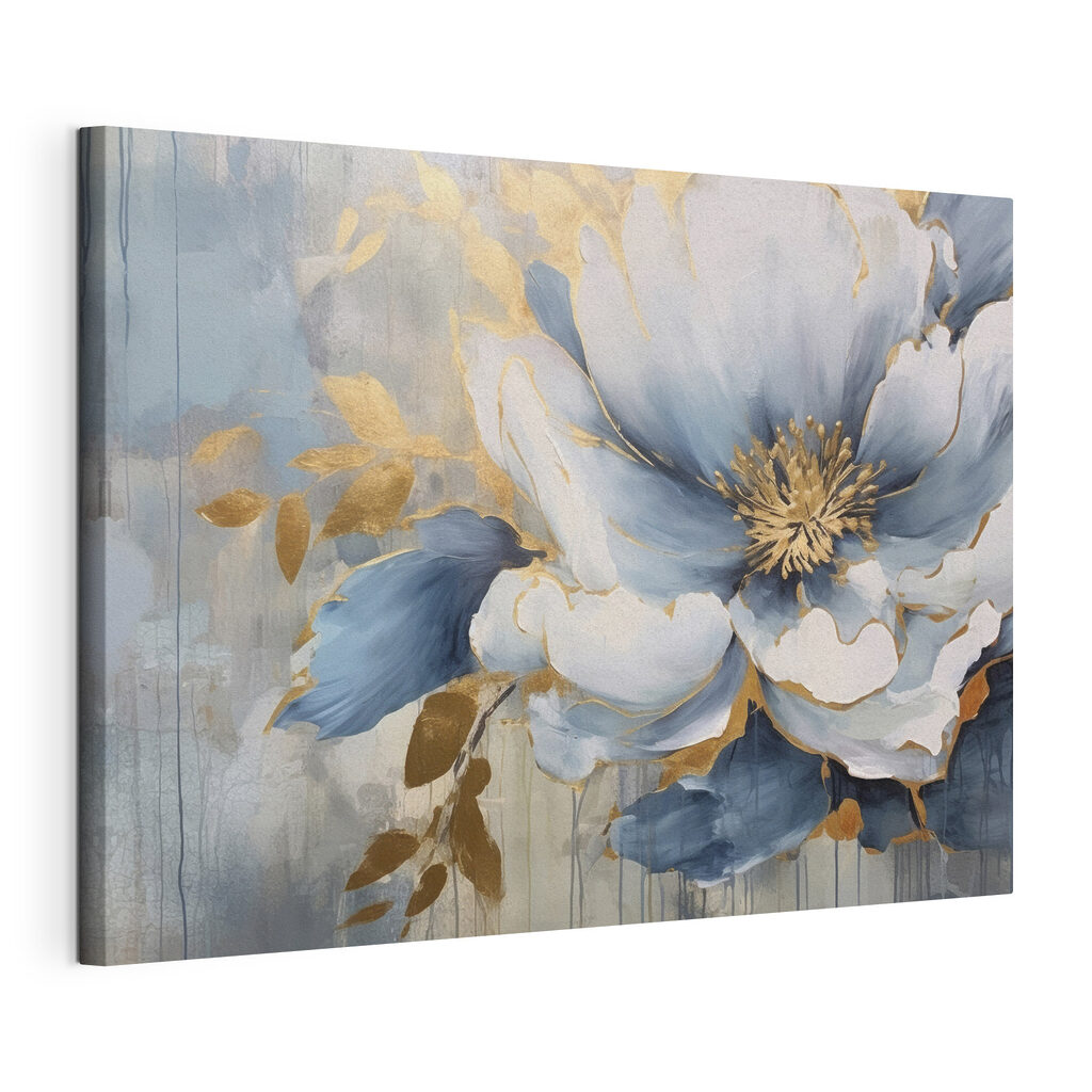 Bloemen met blauwe schaduwen, gespannen canvas met doorlopende rand