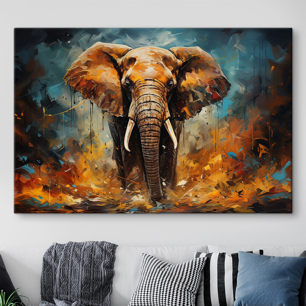 Een olifant met slagtanden en vuil in een interieur