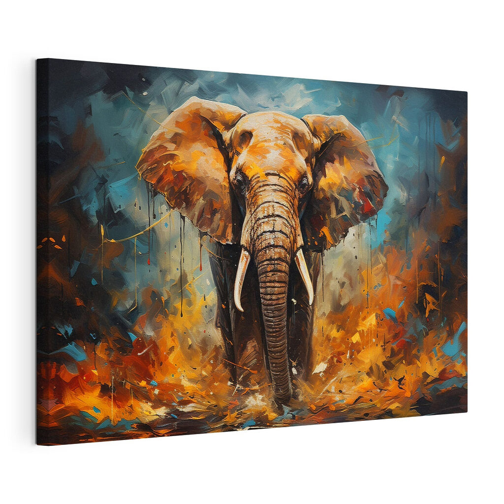 Olifant in oranje verf, gespannen canvas met doorlopende rand