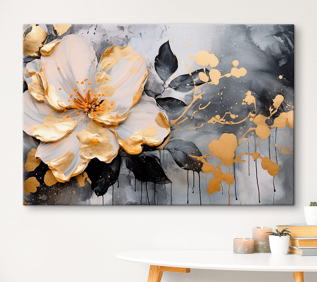 Een schilderij van een bloem in een interieur