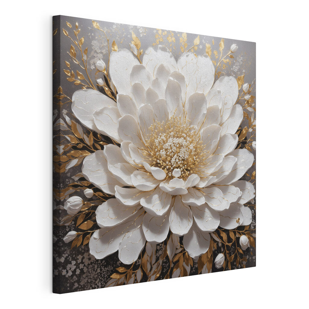 Bloem vol witte waaiers, gespannen canvas met doorlopende rand