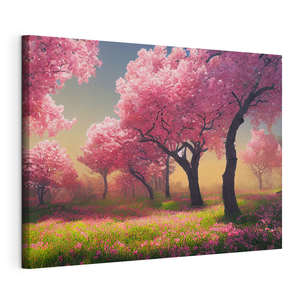 Onder roze bomen, gespannen canvas met doorlopende rand