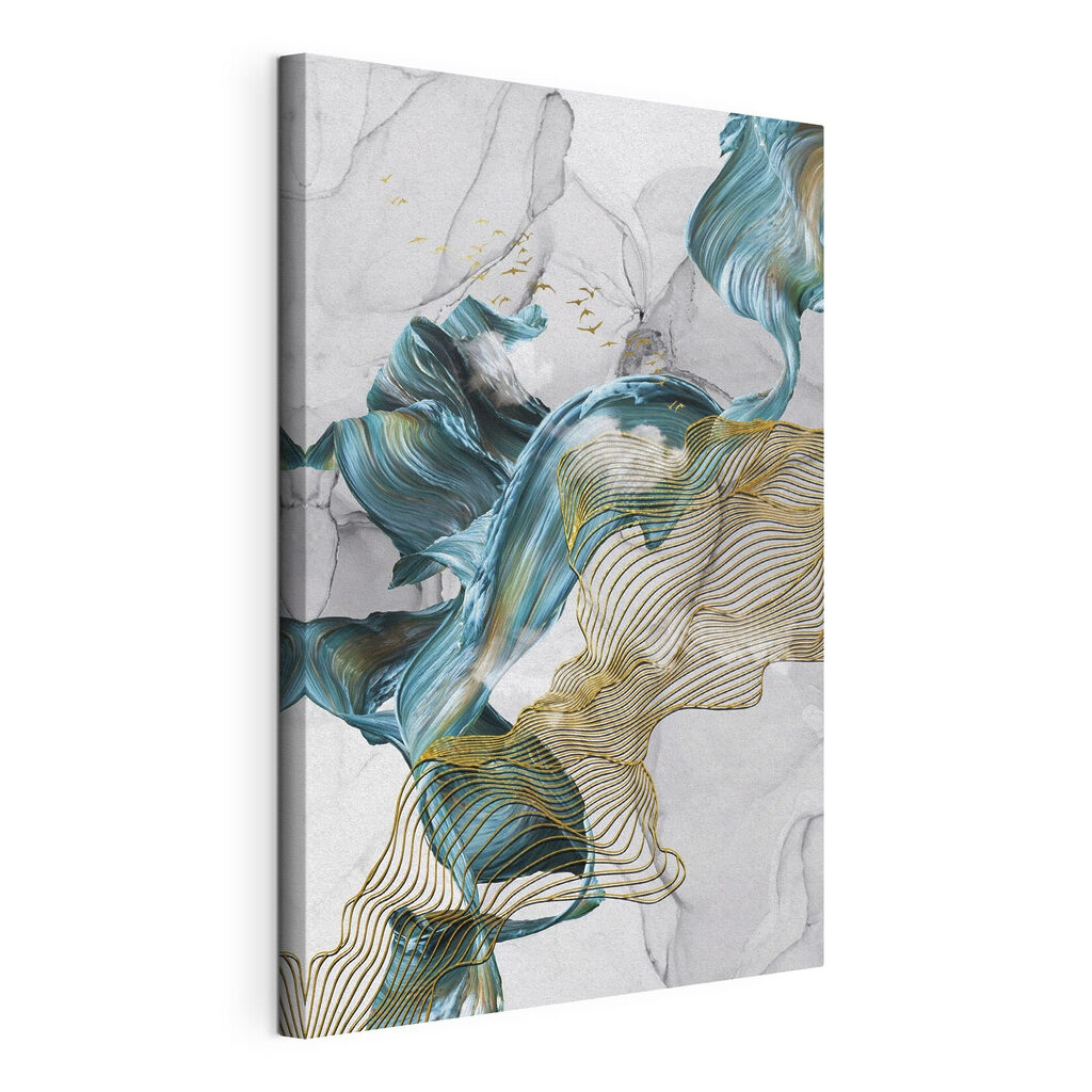 Turquoise tussen gouden contouren, gespannen canvas met doorlopende rand