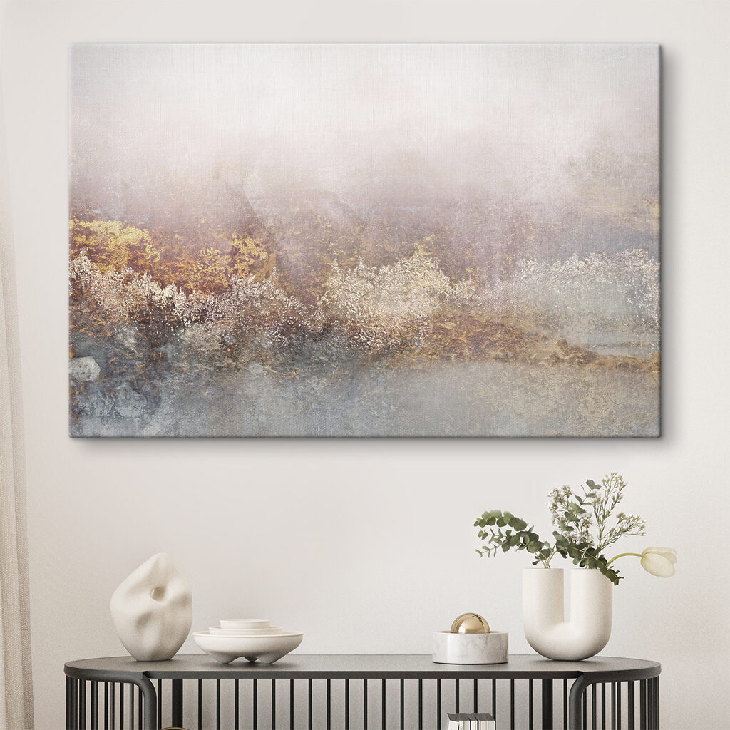 Zachte tinten zorgen voor een sereen, abstract landschap in een interieur