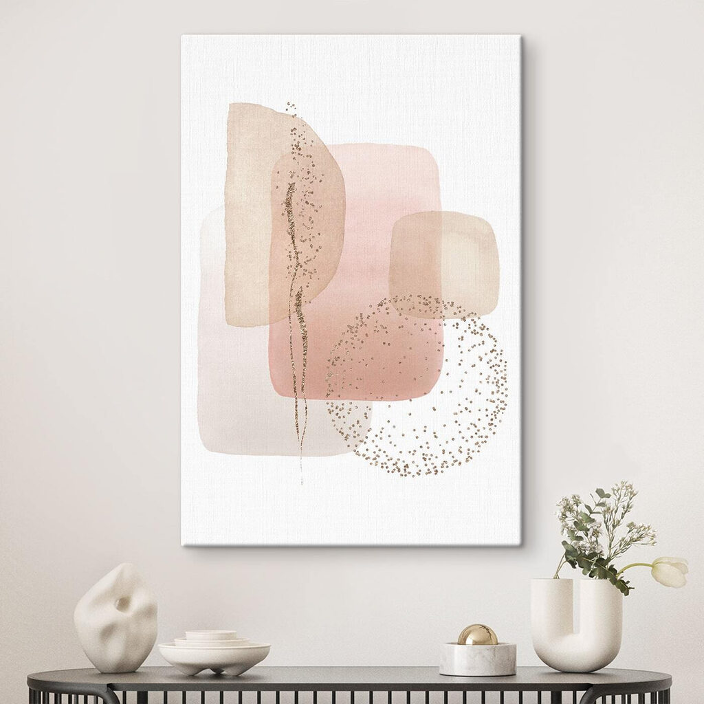 Een aquarelschilderij van vierkanten en stippen in een interieur