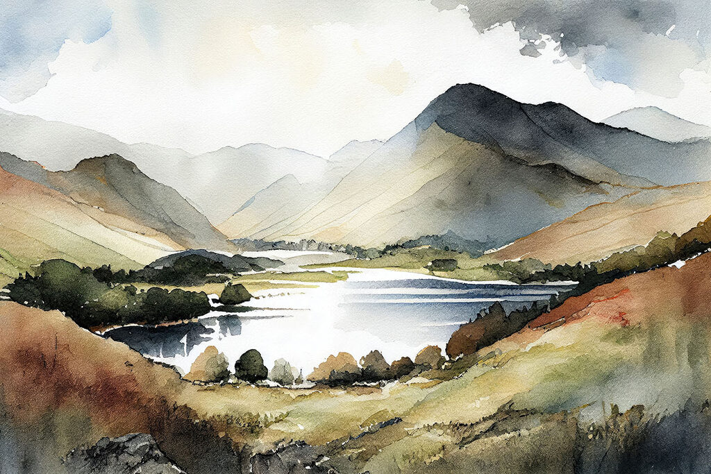 Bergmeer in warme aquarel — volledig ontwerp